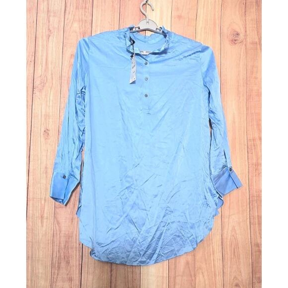 Zara Tops - Zara Satin Blouse Top Womens XL Large Blue Long Button Sleeves V Neck NWT